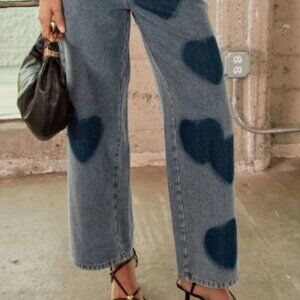 Heart Print Rigid Straight Leg Jeans NWOT